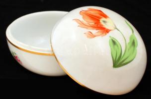Virágmintás Herendi porcelán bonbonier, kézzel festett, jelzett, hibátlan, d:11,5 cm