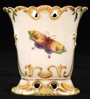 Herendi Viktória mintás áttört porcelán váza, kézzel festett, jelzett, hibátlan, m: 12 cm