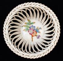 Herendi Viktória mintás áttört porcelán kosárka, kézzel festett, jelzett, hibátlan, d: 12 cm