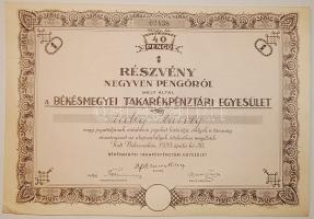 1939. Békésmegyei Takarékpénztári Egyesület részvény 40P-ről