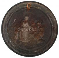 Pásztorok étkezés közben, gazdagon díszített, jelenetes bronz falitál, jelzés nélkül, kopásnyomokkal...