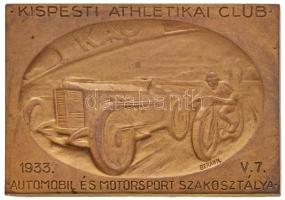 1933. "Kispesti Athletikai Club Automobil és Motorsport Szakosztálya" aranyozott Br plakett "BERÁN N. / BUDAPEST, DÖBRENTEI U. 2." gyártói jelzéssel (55x78mm) T:2