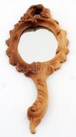 Népi motívumos, fából faragott kulacs, m: 28,5 cm + népies faragott fa keretes tükör, m: 32 cm