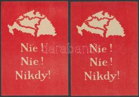 1920 Jeges Ernő: "Nie! Nie! Nikdy!"(Nem! Nem! Soha!), 2 db szlovák nyelvű irredenta szórólap, 9x13 cm