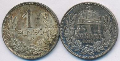 1915. 1K Ag "Ferenc József" + 1939. 1P Ag T:2 patina