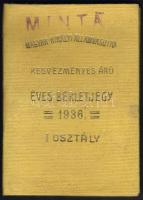 1936. Magyar kir. Államvasutak kedvezményes I.oszt. éves bérletjegy "000-ás" Minta! R!