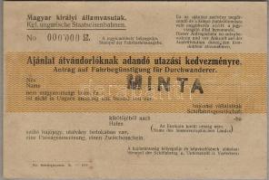 1929. Magyar kir. Államvasutak "Ajánlat átvándorlóknak adandó utazási kedvezményre" "000-ás" Minta! R!