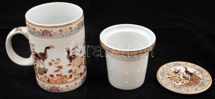 Kínai motívumos Chen Patika porcelán teás bögre tetővel és porcelán szűrővel, matricás, jelzett, hib...