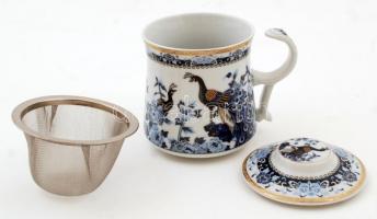 Kínai motívumos Chen Patika dekoratív porcelán teás bögre tetővel és fém szűrővel, matricás, jelzett...