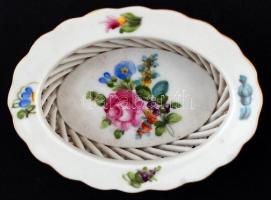 Herendi virágmintás porcelán áttört tálka, kézzel festett, hibátlan, jelzett, 7x9x3 cm