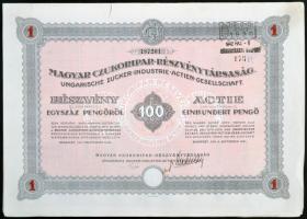 Budapest 1941. "Magyar Czukoripar Részvénytársaság" részvénye 100P-ről, szelvényekkel, szárazpecséttel és bélyegzéssel T:II