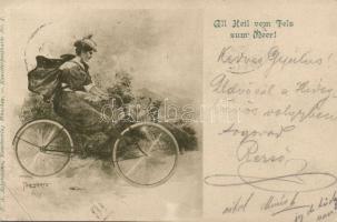 All Heil vom Fels zum Meer! / Lady on bicycle, dog, F. A. Ackermann Künstlerpostkarte No. 5., artist signed (EB)