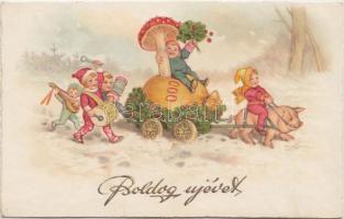 Újév / New Year, fun carriage; Paul Pittius Postcard