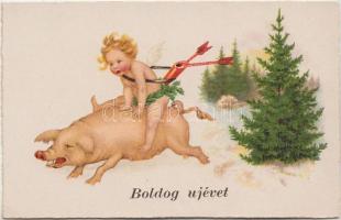 Újév / New Year, pig; Paul Pittius Postcard
