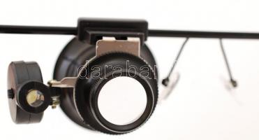 20-szoros nagyítású szemüveg lupé, állítható LED-es lámpával, műanyag tokban, működik