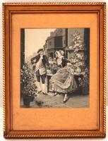 Udvarlás, gobelin kép, üvegezett kerteben, 21×18 cm