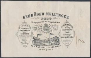 cca 1860-1880 Pest, Gebrüder Mellinger Fabrik von Zündwaaren, Kerzen, Wasch und Toilettseife, Parfümeriewaaren(Gyertya és egyéb gyújtósanyagok) gyárának díszes fejléces szállítólevele(Lieferschein) rengeteg okmánybélyeggel(3x30kr, 5x2kr)