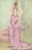 Lady, hand painted postcard with glittering decoration (EK)