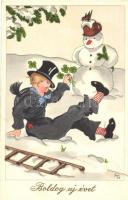 Újév / New Year, chimney sweep; Paul Pittius Postcard (fa)