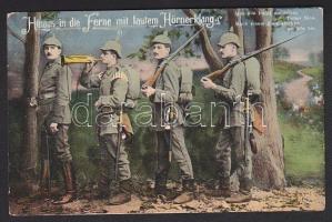 Hinaus in die Ferne mit lautem Hörnerklang / WWI German soldiers in the forest, trumpet, Első világháborús német katonák az erdőben, trombita