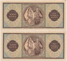 Horvátország 1943. 5000K (2x) sorszámkövető T:I-,II hajtatlanok, saroktörések
Croatia 1943. 5000 Kun...