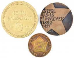 3db klf Csepel Művek emlékérem, közte 1977. "Csepel Vas- és Fémművek 1892-1977" Br emlékplakett (91mm), DN "20 éve a haza fegyveres szolgálatában... / Csepel Vas- és Fémművek" Br emlékérem (67mm) T:2