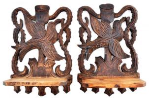 XX. sz eleje: Énekes madarat ábrázoló, faragott fa fali szobortartó pár. / Vintage carved wood statue holder. 20 cm