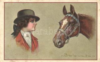 Italian art postcard, lady and horse s: Colombo (fa)