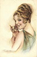 Italian art postcard, lady with dog, Anna &amp; Gasparini 491-1. s: Mauzan (EB)