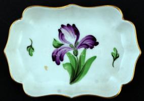 Herendi virágmintás porcelán tálka, 2 db, kézzel festett, hibátlan, jelzett, 11x7,5 cm