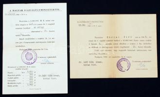 1945-1947 A Magyar Igazságügy minisztertől dr. Rády Géza kúriai bírónak kiállított fizetési besorolás, 2 db