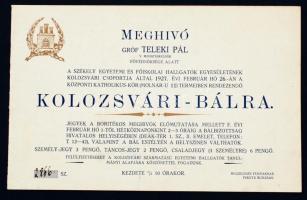 1927 Meghívó a Gróf Teleki Pál védnöksége alatt álló Székely Egyetemi és Főiskolai Hallgatók Egyesületének kolozsvári csoportja által rendezett kolozsvári bálra, benne a védnökök és rendezők nevének felsorolásával