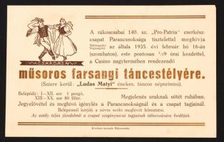 1935 Meghívó a rákoscsabai 140. sz. &quot;Pro-Patria&quot; cserkészcsapat Parancsnoksága által rendezett műsoros farsangi táncestélyére