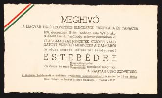 1939 Meghívó a Magyar Úszó Szövetség Elnöksége, Tisztikara és Tanácsa által a Szent Gellért Szálloda Márványtermében az olasz-magyar vízilabda-mérkőzés alkalmából rendezett estebédre