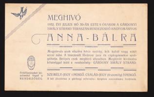 1932 Gárdony, Meghívó a Gárdonyi Sirály Strand teraszán rendezendő hagyományos Anna-bálra, dresszkóddal