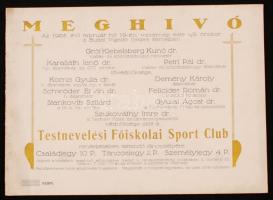 1928 Meghívó a Gróf Klebelsberg Kunó, Karafiáth Jenő, Kornis Gyula és mások védnöksége alatt rendezendő Testnevelési Főiskolai Sport Club táncestélyére