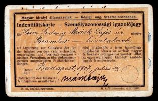 1907 Bp., A Magyar Királyi Államvasutak által hivatalnok részére kiállított személyazonossági igazol...