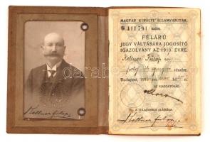 1910 Bp., A Magyar Királyi Államvasutak által polgári iskolai igazgató részére kiállított, félárú je...