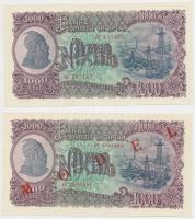 Albánia 1957. 1000L (2x) egyik "MODEL (MINTA)" felülbélyegzéssel és "PL 000000" sorszámozással T:I,I- Albania 1957. 1000 Leke (2x) one with "MODEL (SPECIMEN) overprint and "PL 000000" serial number C:UNC,AU