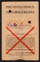 1941 Budapesti Székesfővárosi Közlekedési Rt. tanulóigazolványa az 1941-1942 tanévre
