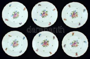 6 db virágmintás Herendi porcelán csészealj, kézzel festett, jelzett, kettőn nagyon apró kopásnyomokkal, d: 12 cm