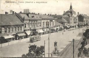 Debrecen, Ferencz József út, megyeház, Márkus Jenő Pannónia szállodája, bazár, Riesz Lipót cukrászdája, Arany Angyal, Lofkovits Arthur üzlete, villamos (EK)