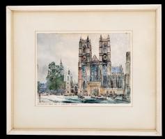 Antony Dracup (1930-2002): London St Margarets church. Akvarell, papír, jelzett, üvegezett keretben, 14×18 cm / Antony Dracup watercolor graphic with frame, signed