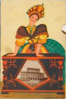 Budapest, szignós népviseletes mechanikus lap s: Mallász Gitta