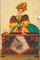 Budapest, szignós népviseletes mechanikus lap s: Mallász Gitta