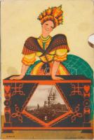 Budapest, szignós népviseletes mechanikus lap s: Mallász Gitta