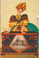 Budapest, szignós népviseletes mechanikus lap s: Mallász Gitta