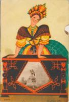 Budapest, szignós népviseletes mechanikus lap s: Mallász Gitta