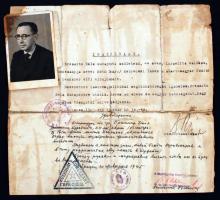 1945 Debrecen, Bresnitz Béla izraelita vallású személy (Gáll István Kossuth-díjas író apósa) szabad Budapestre utazását biztosító igazolványa