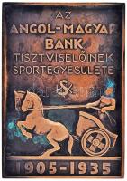 Martinelli Jenő (1886-1949) 1935. &quot;Az Angol-Magyar Bank Tisztviselőinek Sportegyesülete 1905-1935&quot; Br plakett hátlapon &quot;LUDVIG&quot; gyártói jelzéssel erősen sérült, eredeti tokban (86x60mm) T:2 patina